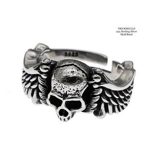 925 Sterling Silver Classic Skull Wings Biker Punk Adjustable Open Skull Ring
